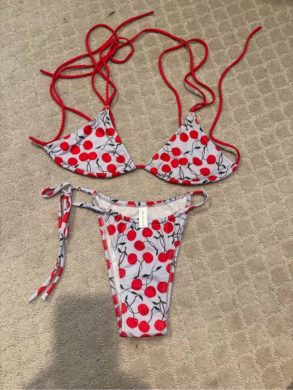 Heavy manners Cherry Print Triangle Bikini Set - Red on White